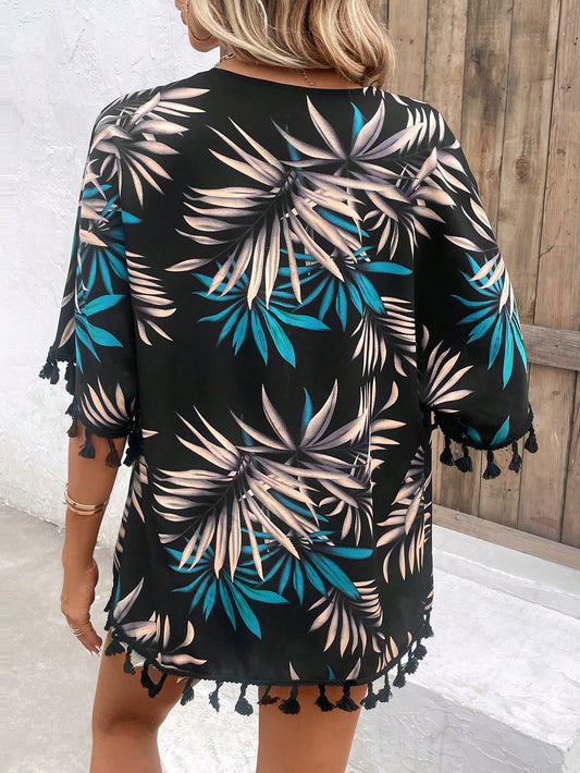 Kimono Corto de Mujer Raiza estampado hojas con borlas - Talla M