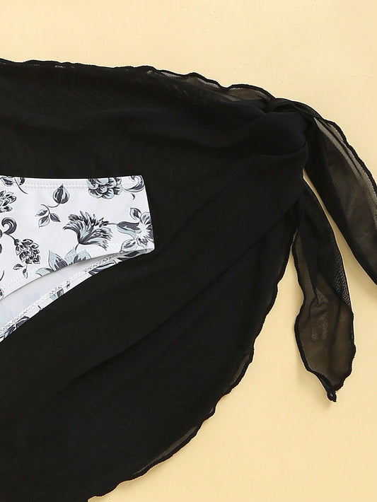 Bikini Telma Negro de 3 piezas con estampado floral - Talla M