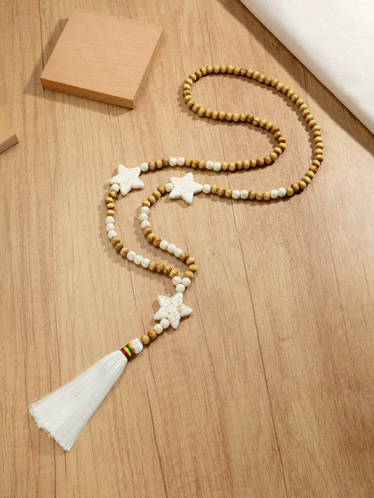 Collar Bohemio Geraldine de Cuentas de Madera con Borla