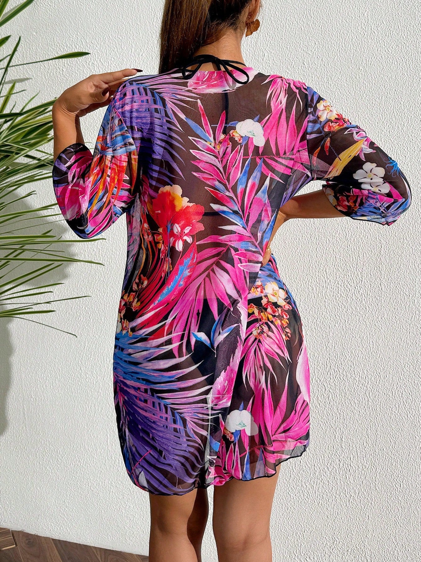 Salida de Playa Tropic Blush Kimono mesh rosado - Talla L/XL