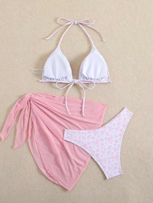 Bikini Susana Rosado de 3 piezas con estampado de flores - Talla M