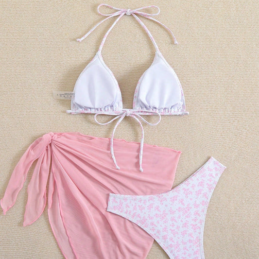 Bikini Susana Rosado de 3 piezas con estampado de flores - Talla M