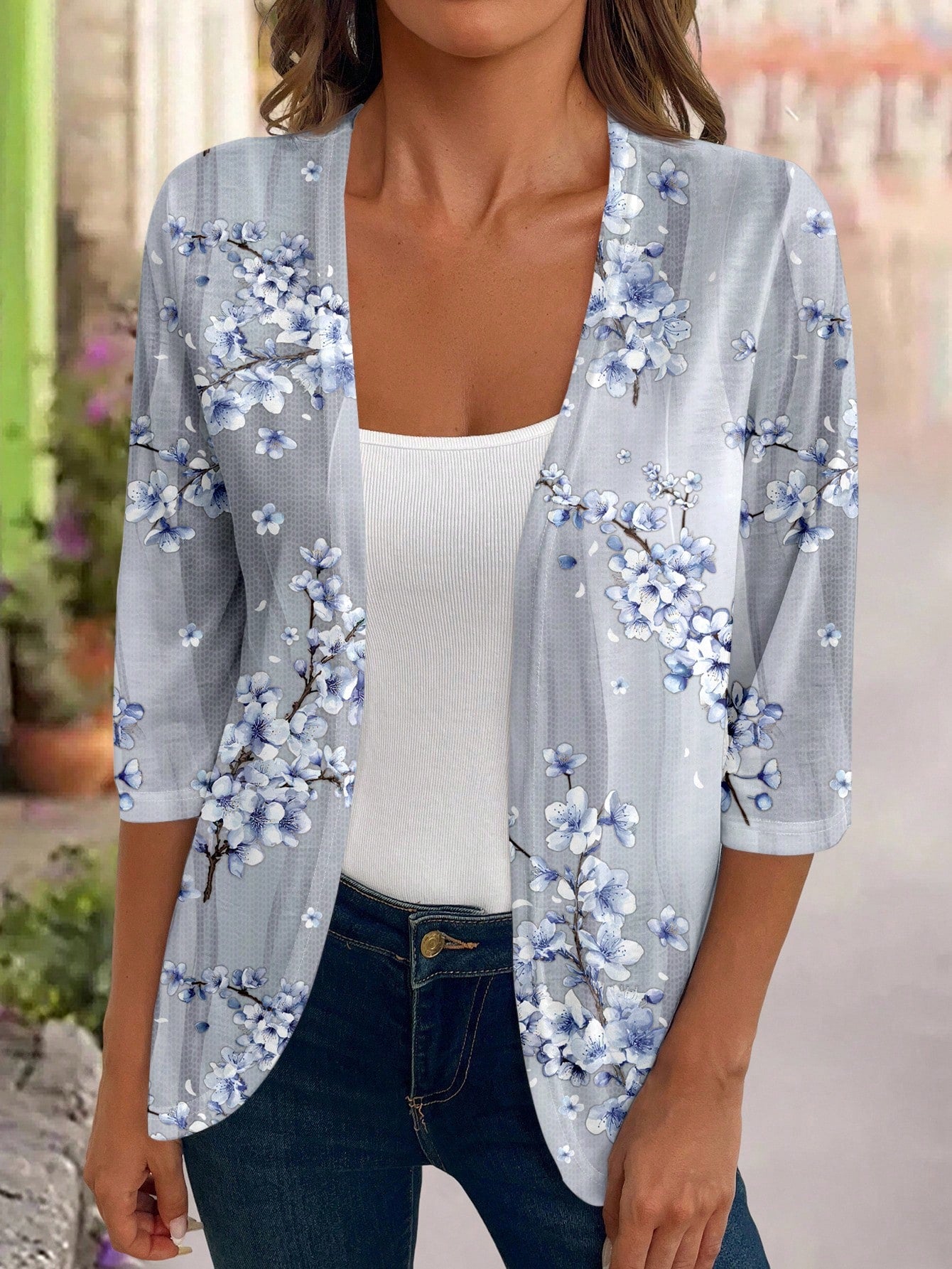 Cardigan Teresa ligero de flores gris azul – Talla M