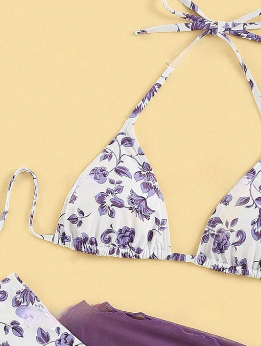 Bikini Telma Morado de 3 piezas con estampado de flores - Talla M