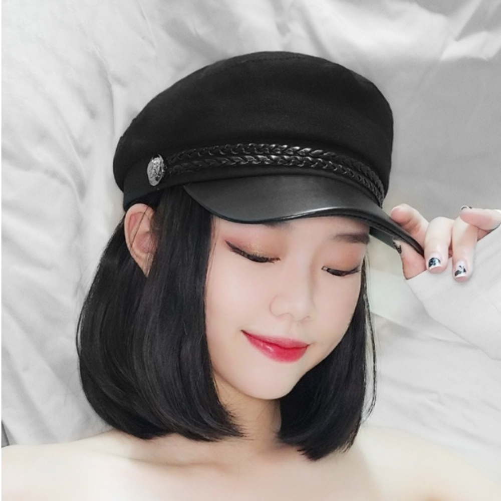 Boina Militar Inglesa Pana/Cuerina para Mujer | Negro