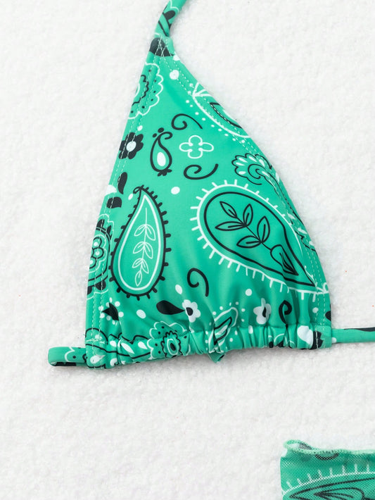 Bikini Nakem Verde Agua de 3 piezas con estampado de flores - Talla M