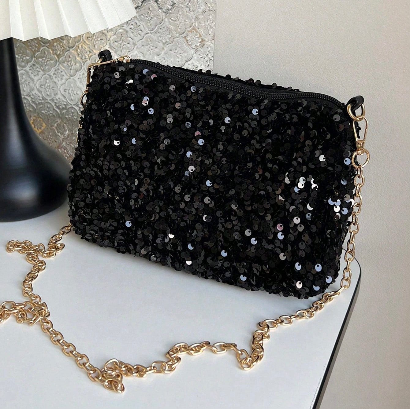 Bolso Cartera de Fiesta Scarlett con Lentejuelas Brillantes - Negro