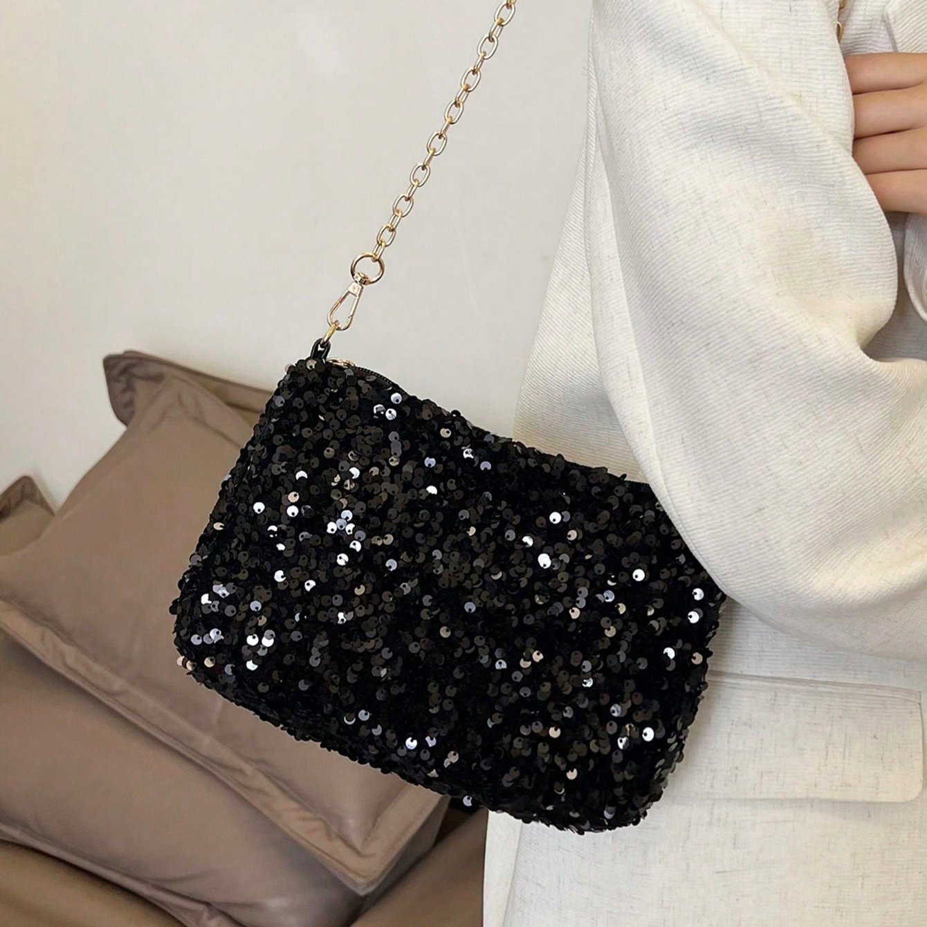 Bolso Cartera de Fiesta Scarlett con Lentejuelas Brillantes - Negro