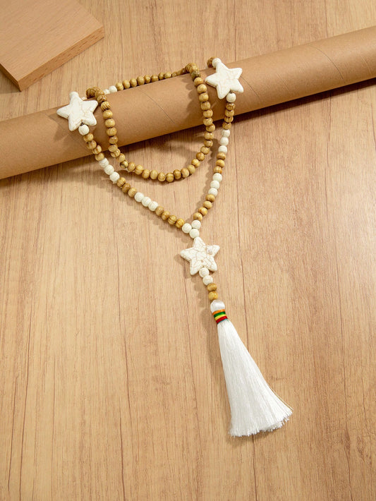 Collar Bohemio Geraldine de Cuentas de Madera con Borla