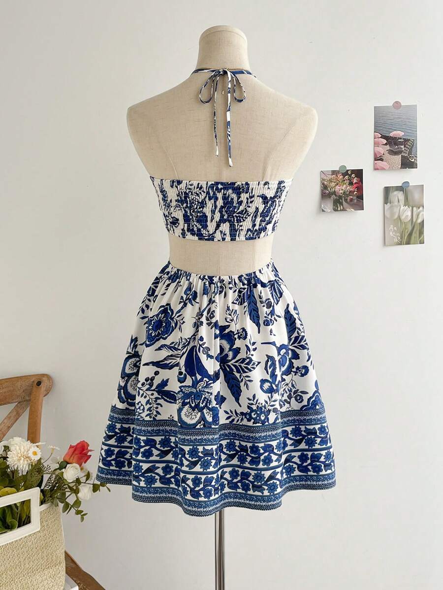 Vestido Mykonos Casual con Estampado de Flores Talla M | Azul y Blanco