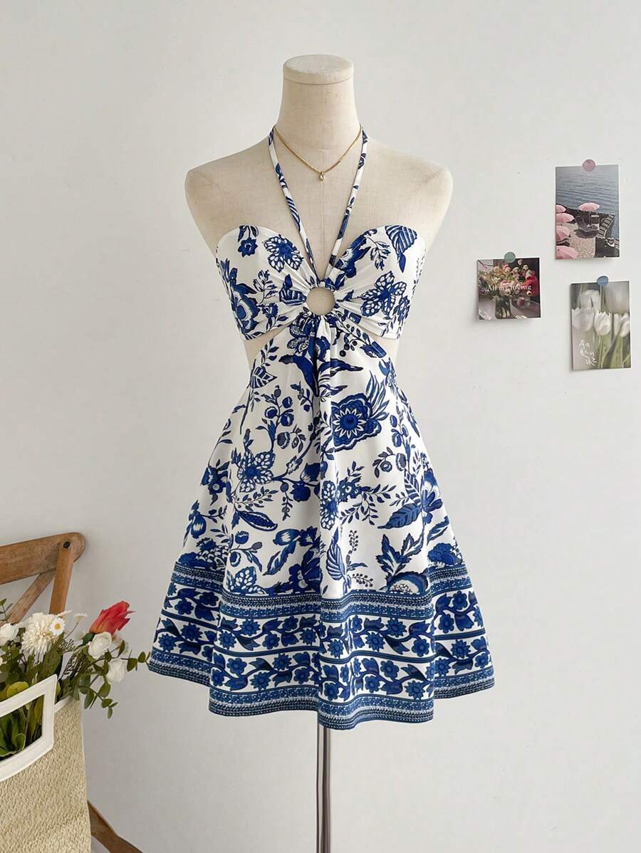Vestido Mykonos Casual con Estampado de Flores Talla M | Azul y Blanco