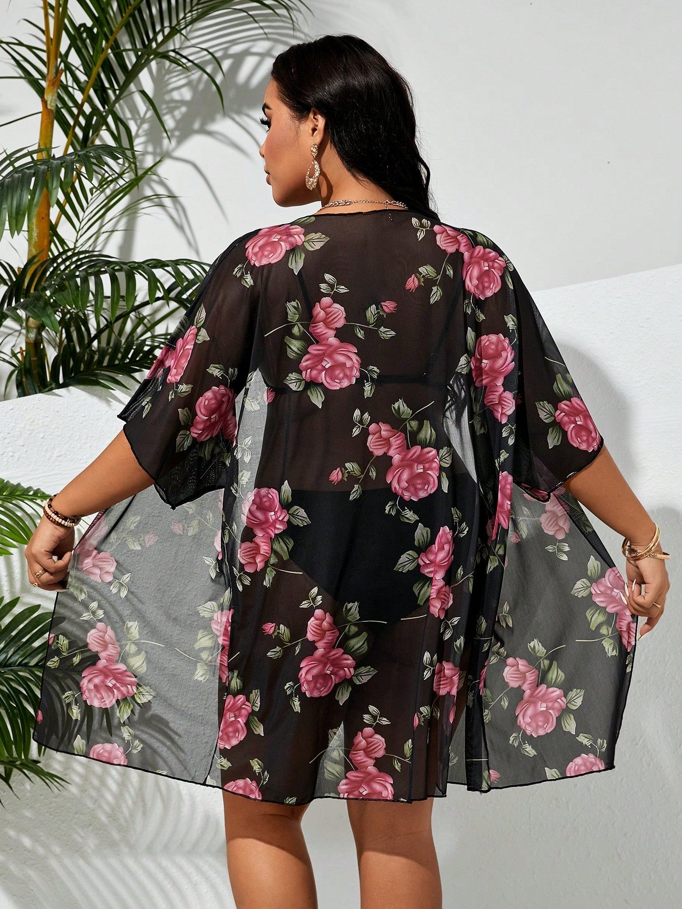 Salida de Playa Raven Kimono mesh con estampado flores - Talla L/XL