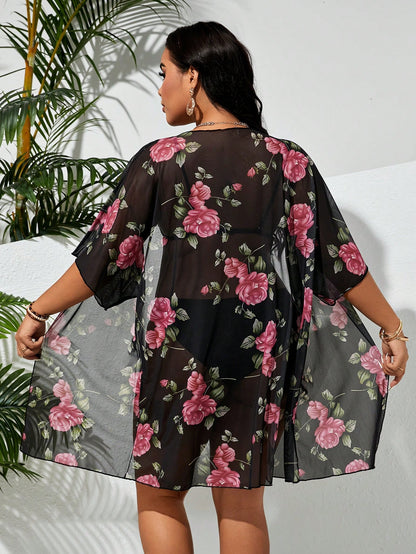 Salida de Playa Raven Kimono mesh con estampado flores - Talla L/XL