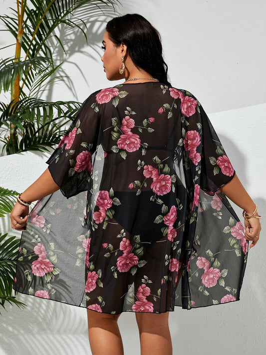 Salida de Playa Raven Kimono mesh con estampado flores - Talla L/XL