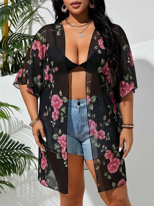 Salida de Playa Raven Kimono mesh con estampado flores - Talla L/XL