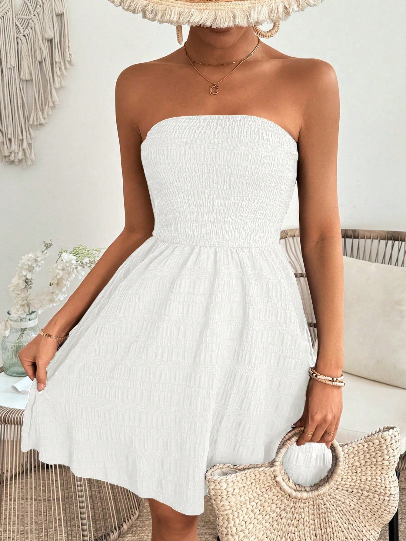 Vestido Strapless Maysa nido de abeja Blanco - Talla M