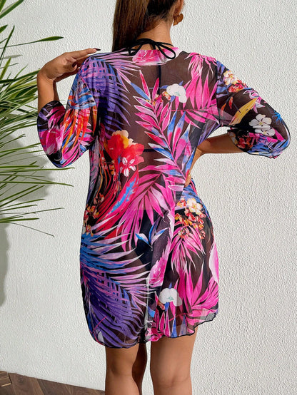 Salida de Playa Tropic Blush Kimono mesh rosado - Talla L/XL