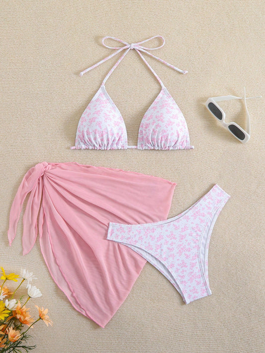 Bikini Susana Rosado de 3 piezas con estampado de flores - Talla M