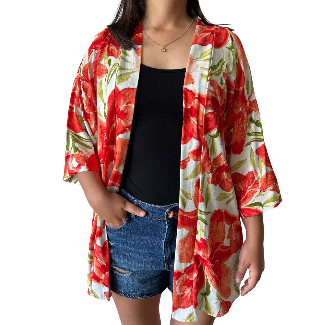 Kimono Corto Velours con estampado Floral - Talla M