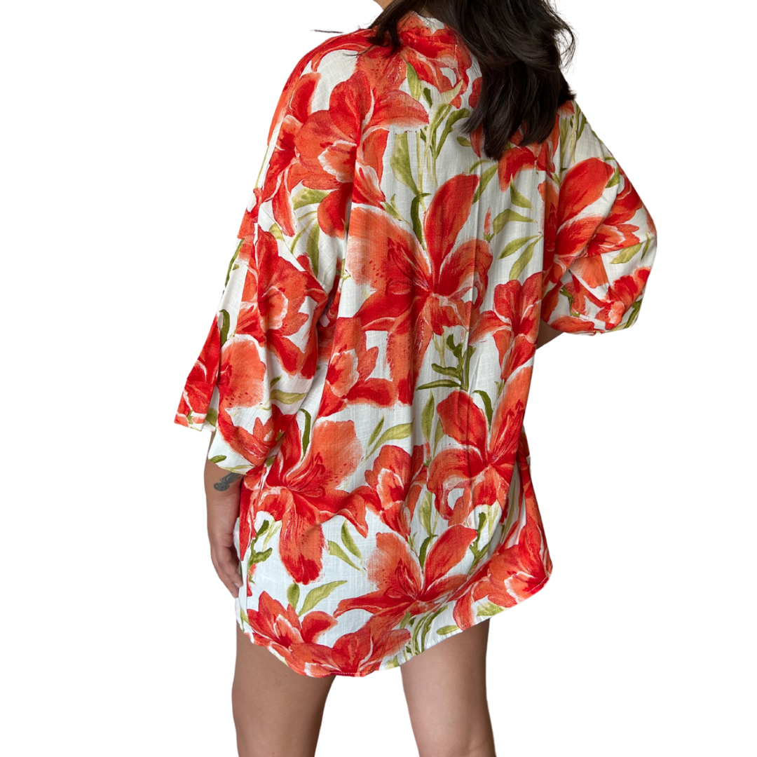 Kimono Corto Velours con estampado Floral - Talla M