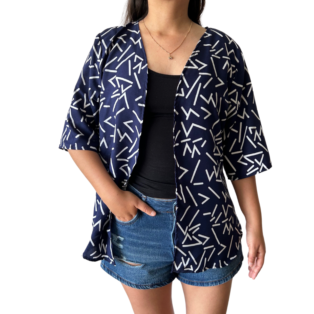 Kimono Corto Xiomara Azul con estampado Geométrico - Talla M