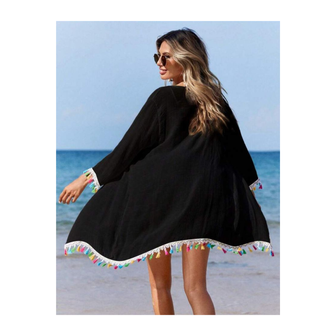 Salida Kimono de Verano Mujer Playa Modelo Rainbow Negro - Talla L