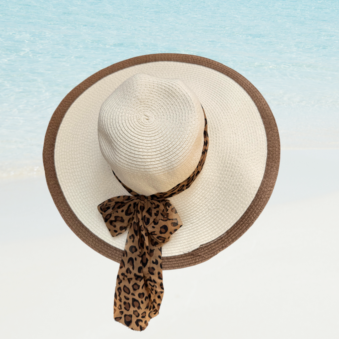 Sombrero de Playa Verano para Mujer Marbella con Lazo Animal Print - Ivory