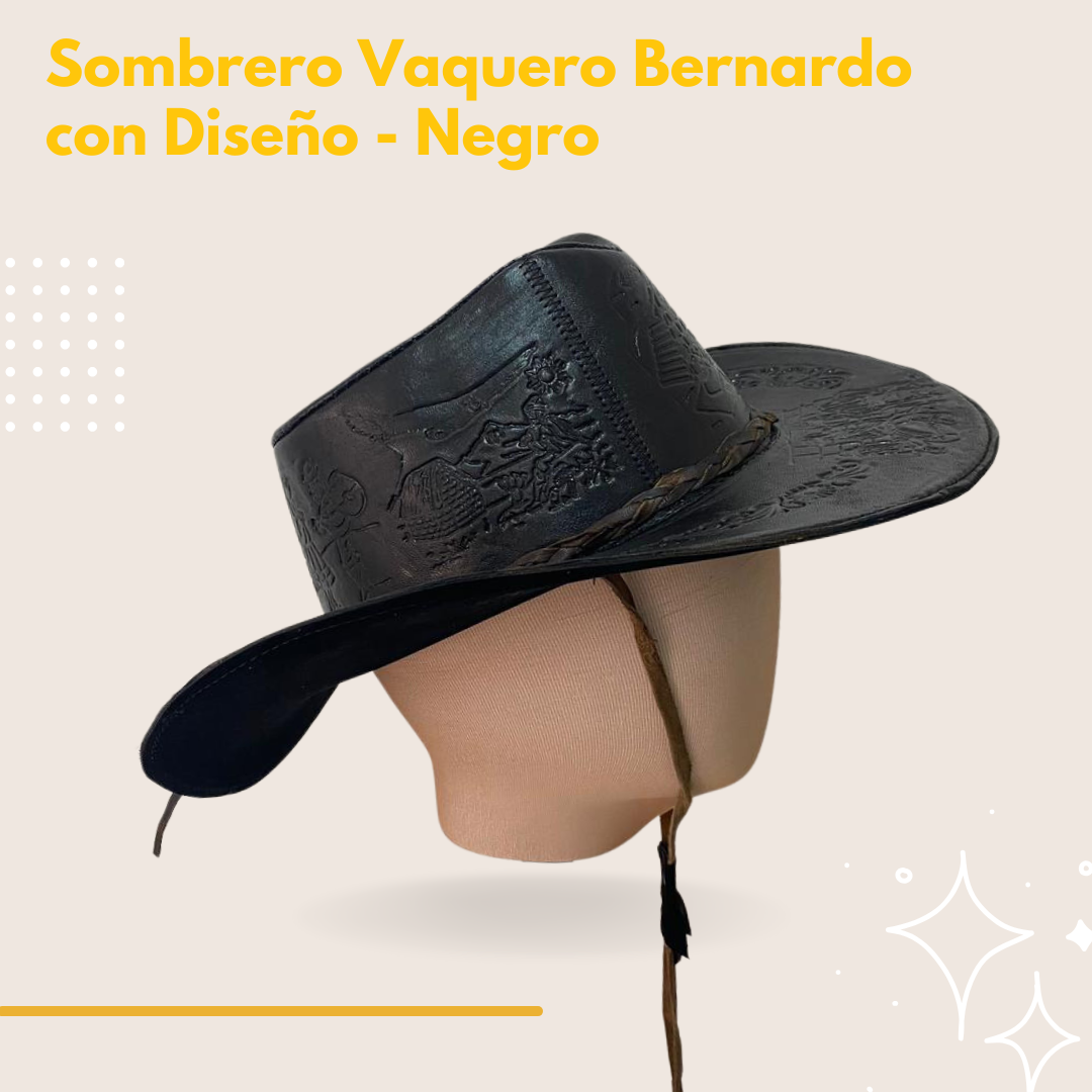 Sombrero Vaquero Rústico de Cuero Modelo Bernardo con Diseño - Negro