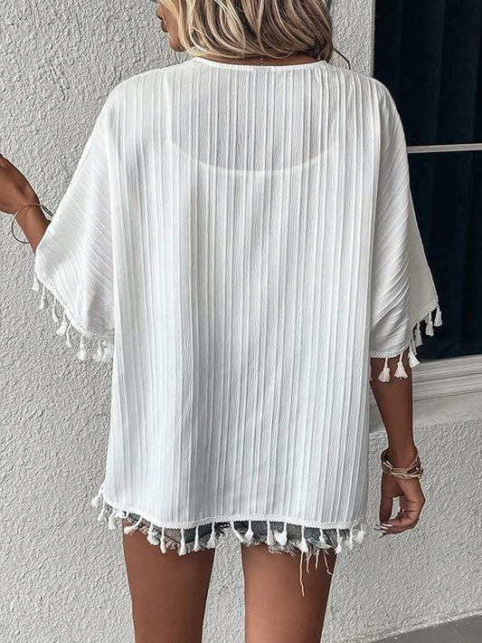 Kimono Corto Rosemary Blanco con borlas en la parte inferior - Talla M