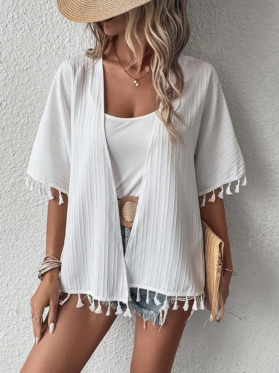 Kimono Corto Rosemary Blanco con borlas en la parte inferior - Talla M