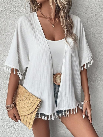 Kimono Corto Rosemary Blanco con borlas en la parte inferior - Talla M