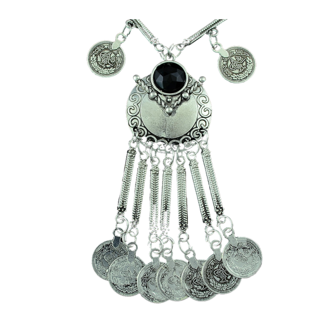 Collar Largo de Borla Dalia Plateado con piedra negra