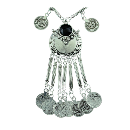 Collar Largo de Borla Dalia Plateado con piedra negra