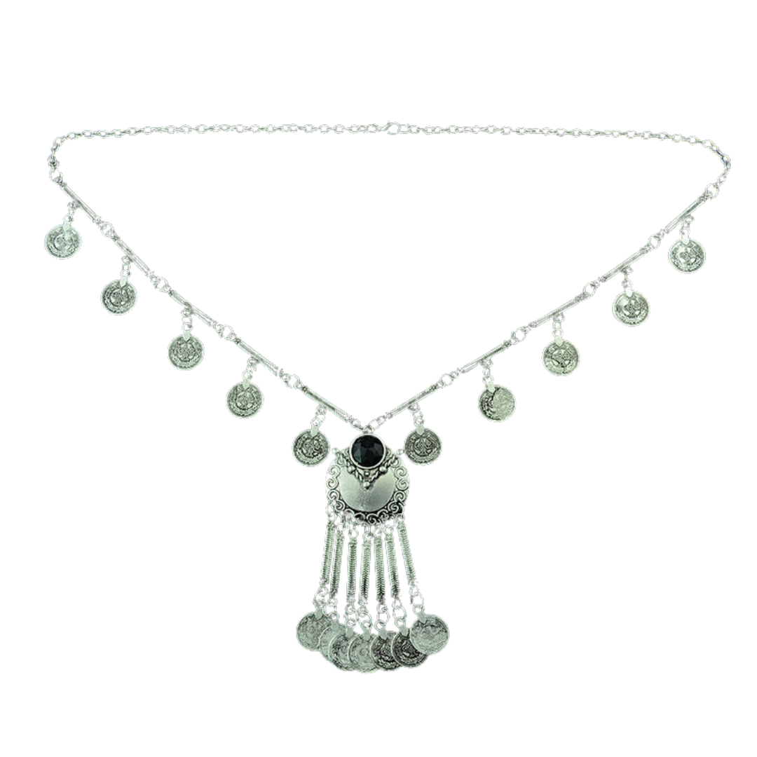 Collar Largo de Borla Dalia Plateado con piedra negra