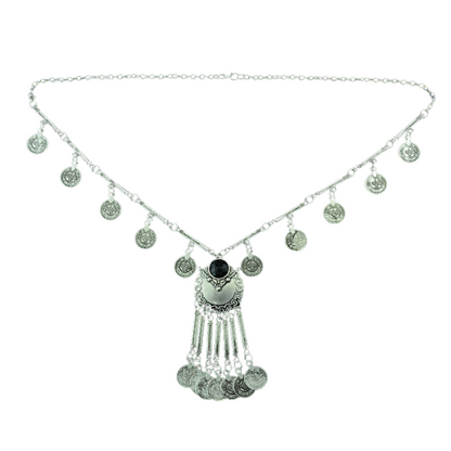 Collar Largo de Borla Dalia Plateado con piedra negra