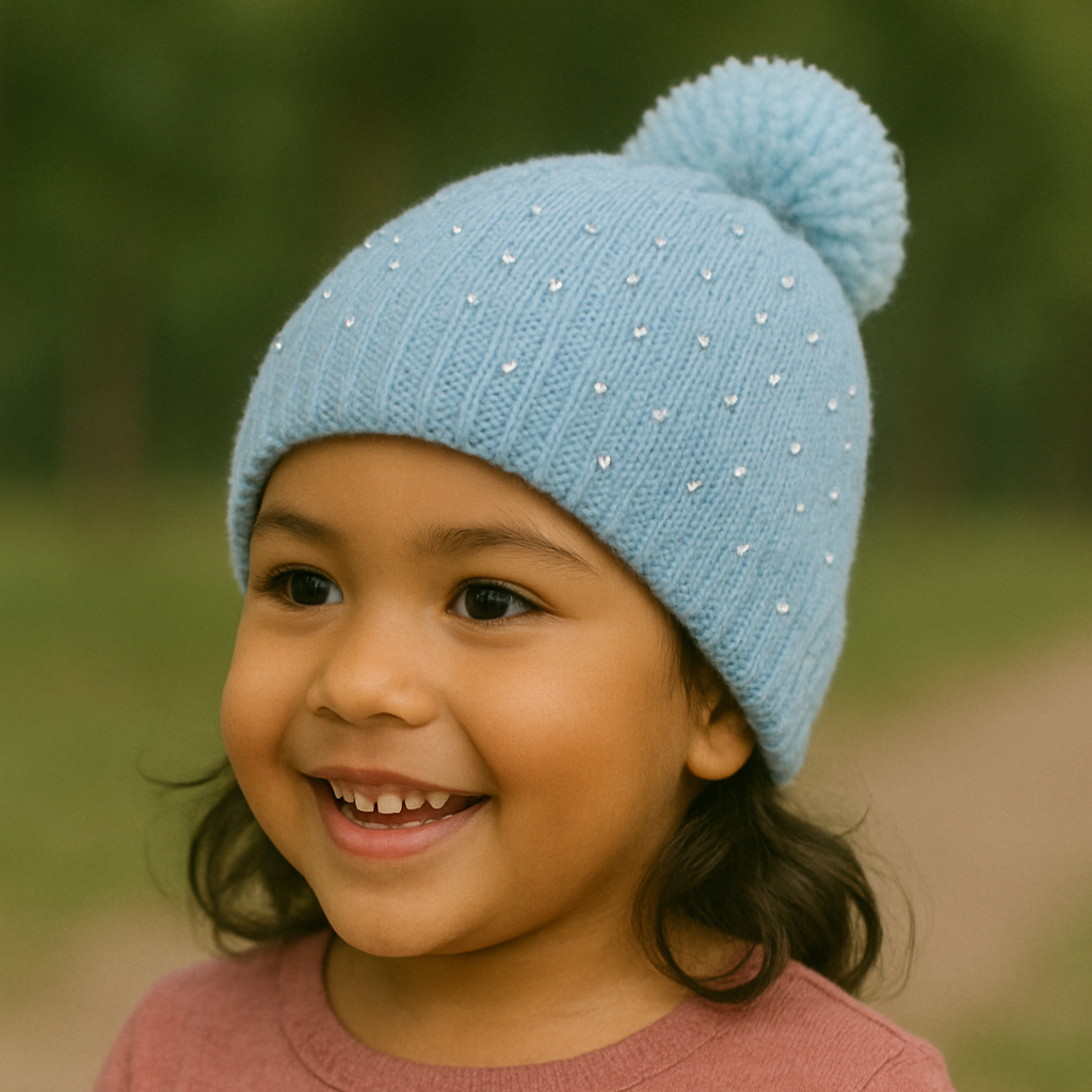 Beanie Pompon Celeste con Brillos niña 6 a 10 años