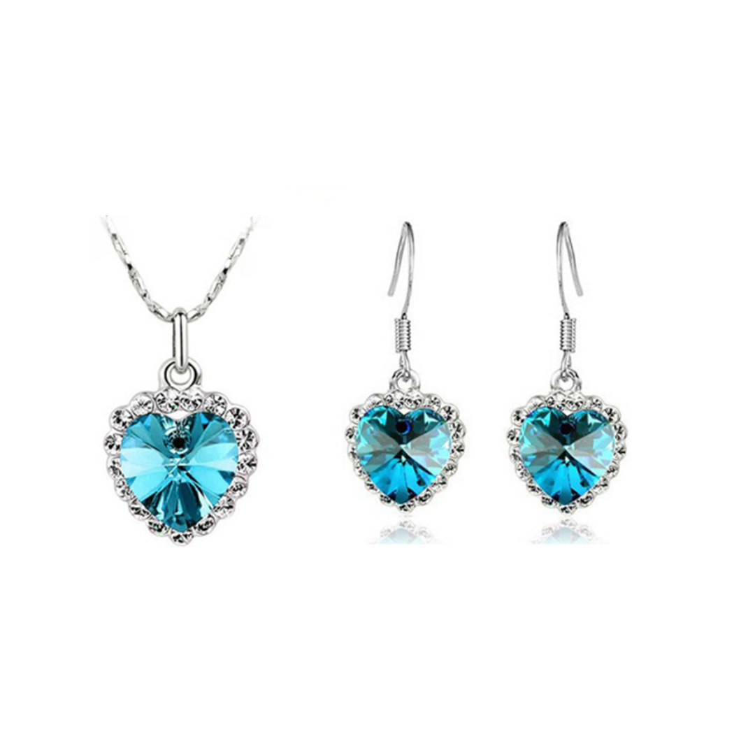 Set Collar Aretes Corazon Titanic - Turquesa Y Plateado