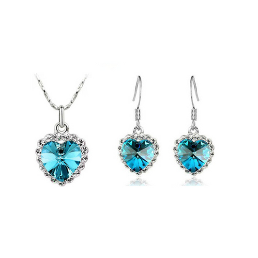 Set Collar Aretes Corazon Titanic - Turquesa Y Plateado