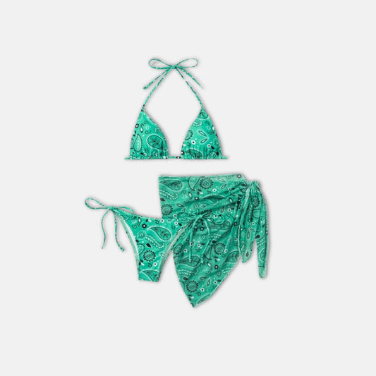 Bikini Nakem Verde Agua de 3 piezas con estampado de flores - Talla M