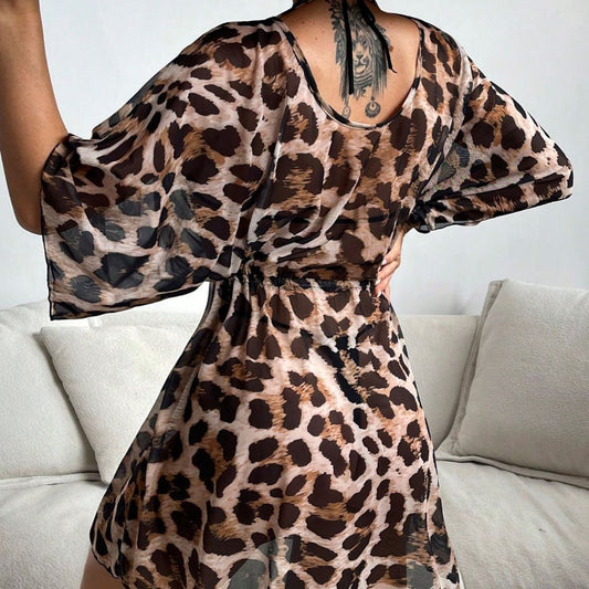 Salida de Playa Rafaella Camel Vestido mesh animal print - Talla XL