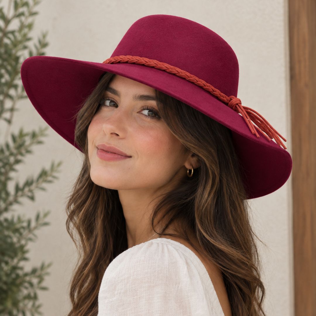 Sombrero Fedora Burdeos Callie con Trenza Decorativa
