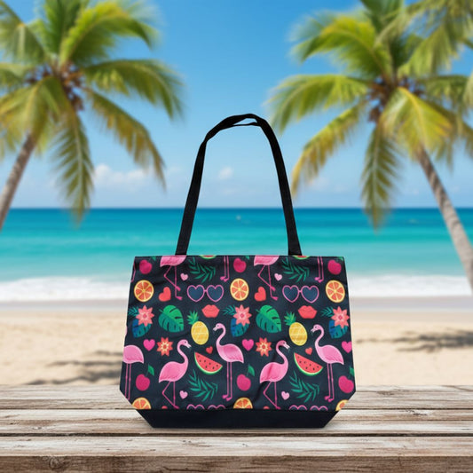 Bolso cartera verano Hawaiian estampado de flamencos y frutas - negro