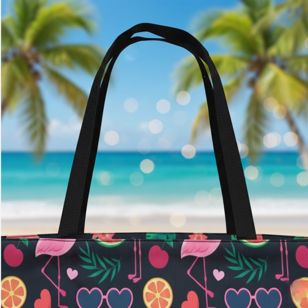 Bolso cartera verano Hawaiian estampado de flamencos y frutas - negro