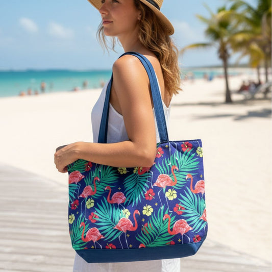 Bolso cartera verano Peacock estampado de flamencos y hojas - azul