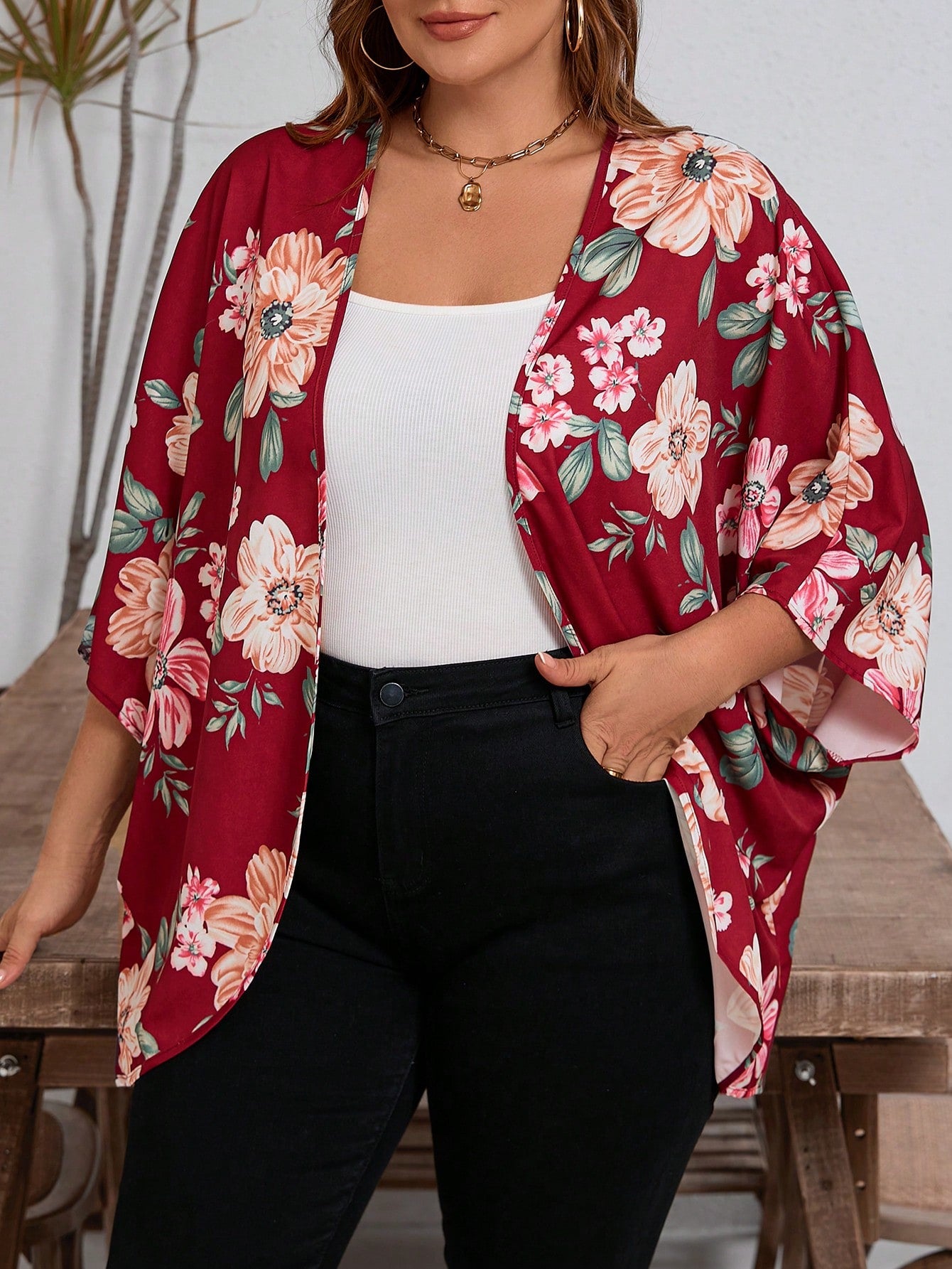 Kimono Gracielle Estampado Floreado Manga Murciélago - Talla XL