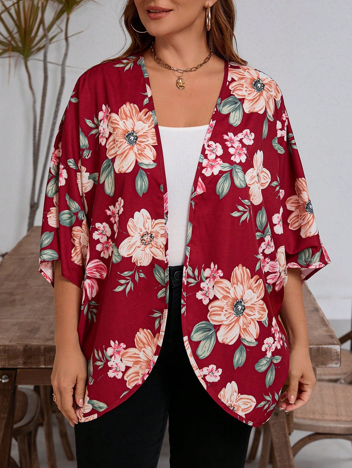 Kimono Gracielle Estampado Floreado Manga Murciélago - Talla XL