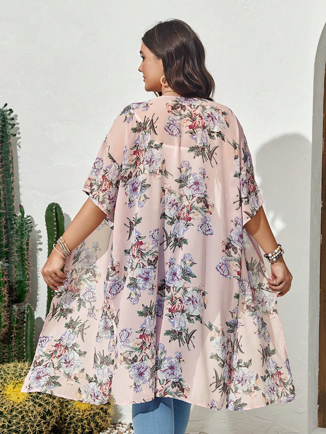 Kimono rosado largo estampado floral Maritza - Talla XL