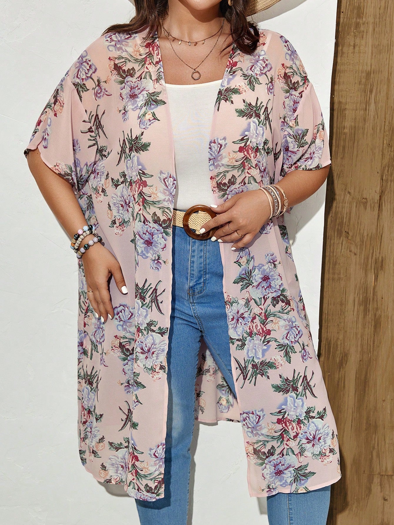 Kimono rosado largo estampado floral Maritza - Talla XL