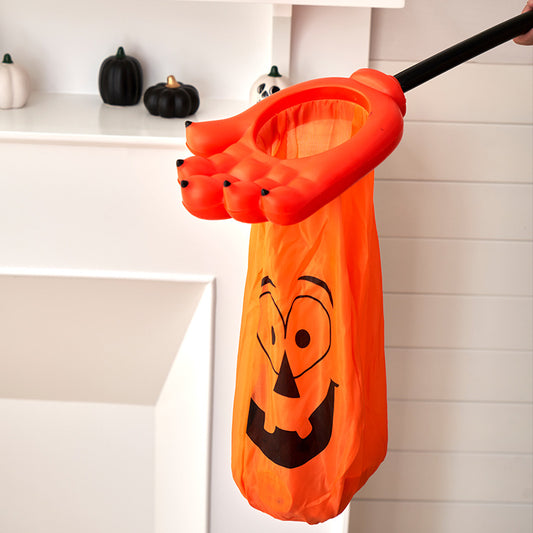 Mano Recolectora Calabaza Naranja para Dulces de Halloween + VELA LED