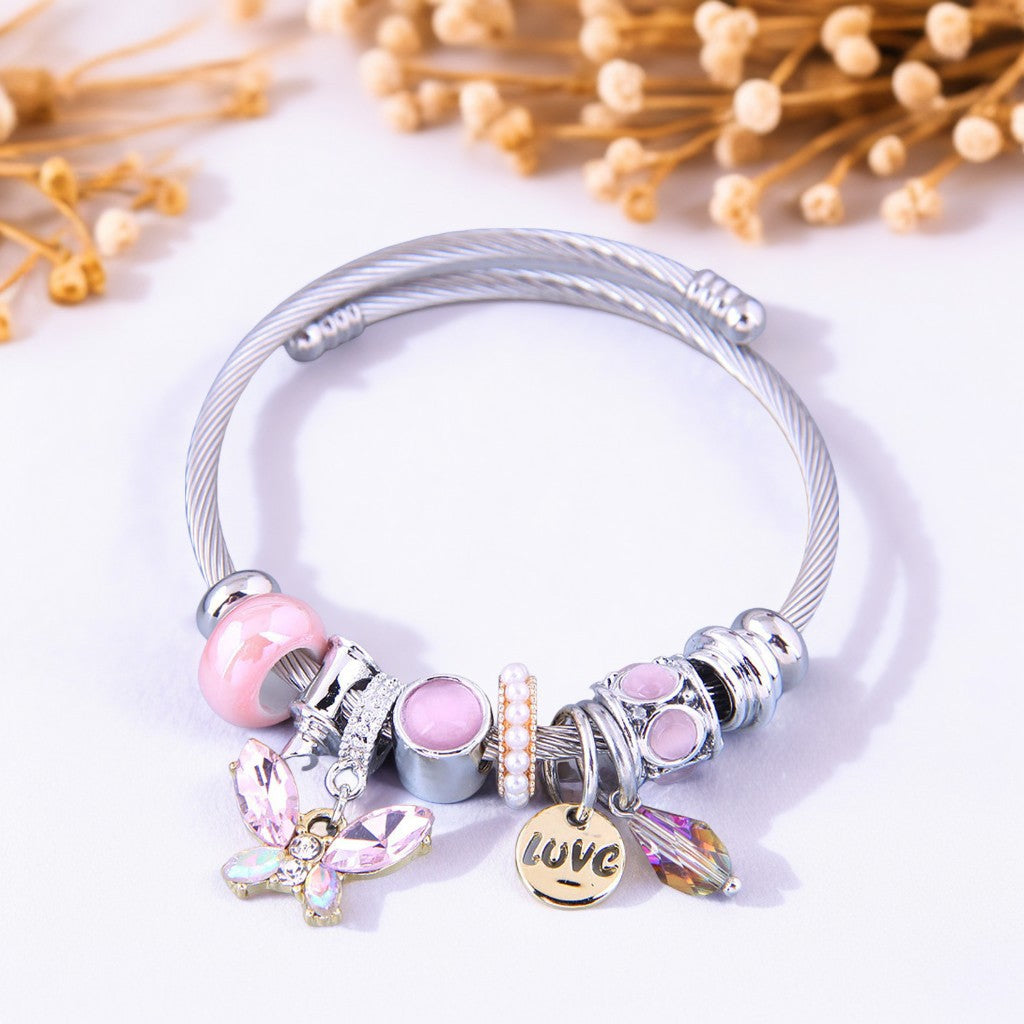 Pulsera Estilo Pandora Mariposa Rosado